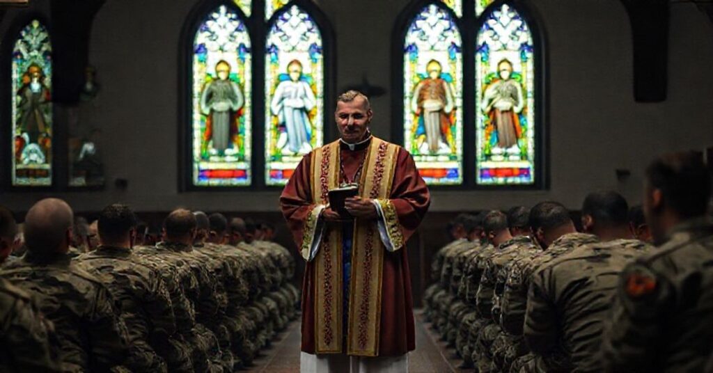 Kapelan wojskowy w tradycyjnych szatach liturgicznych modli się w kaplicy wojskowej otoczony żołnierzami na kolanach. W tle witraże z Chrystusem Królem i Archaniołami.