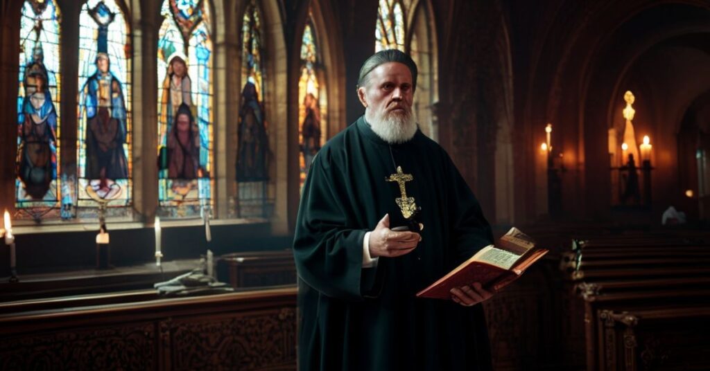 Kapelan katolicki w tradycyjnym stroju liturgicznym trzyma Biblię łacińską w ciemnym prezbiterium z witrażami