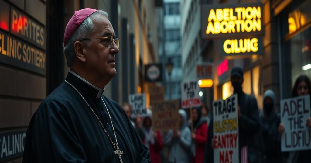 Kapelan w tradycyjnym ornacie stoi przed grupą manifestantów protestujących przeciwko aborcji, deszcz pada w cieniu kościoła.