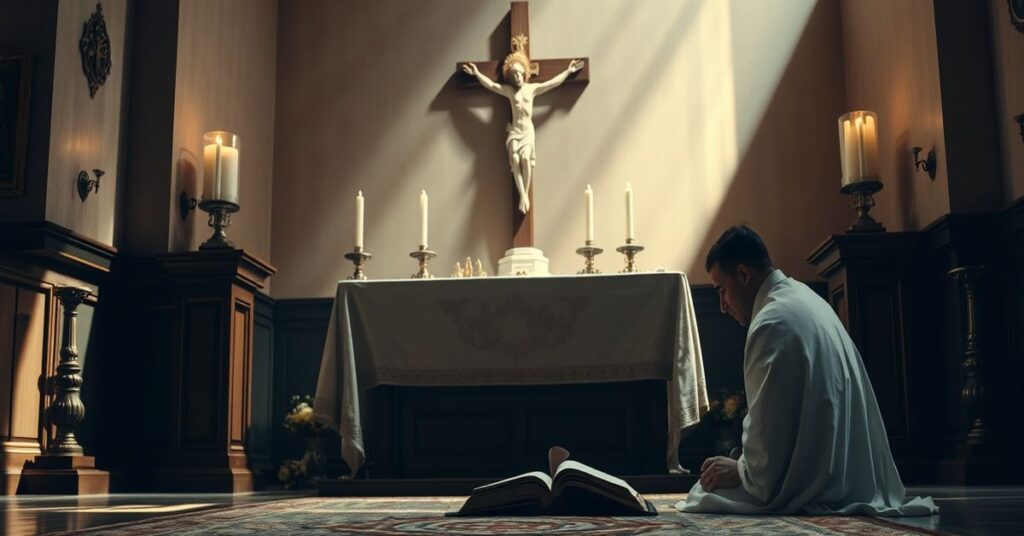 Kapelan modlący się przed tradycyjnym ołtarzem katolickim z krzyżem i świecami