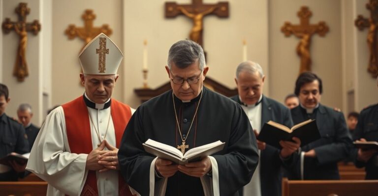 Zdjęcie kapelanów katolickich w mundurach odprawiających modlitwę w kaplicy, wyrażających głęboką powagę i sprzeciw wobec modernistycznych tendencji w Kościele