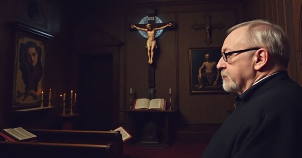 Kapelanka z wystawą kontrowersyjnych dzieł Bolesława Biegasa w tradycyjnym katolickim wnętrzu.