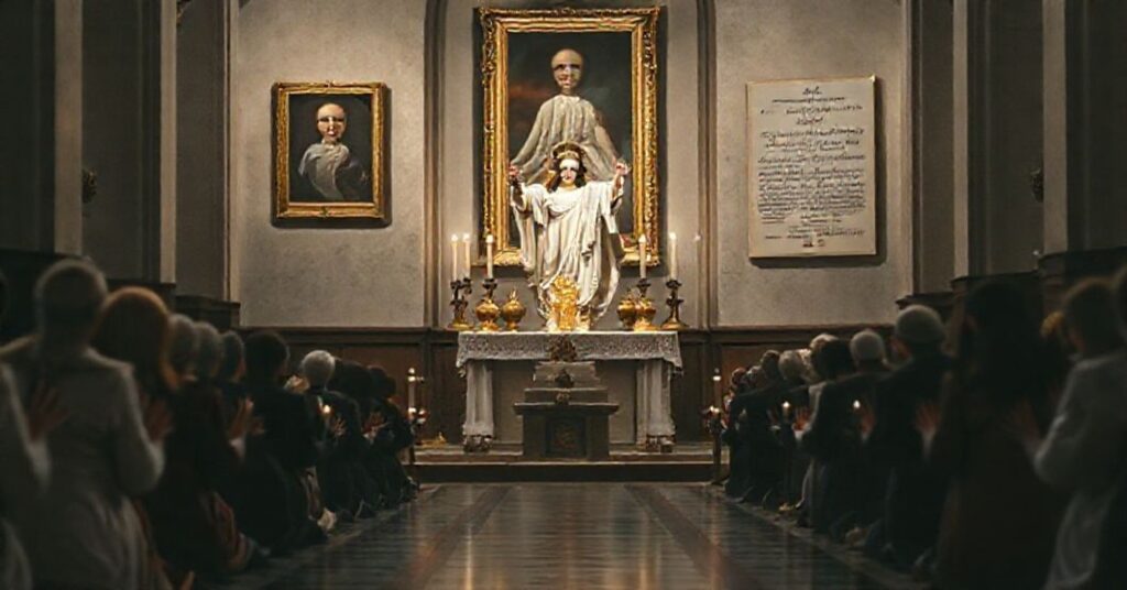 Kapelanka katolicka z rzeźbą Chrystusa Króla i modlącymi się wiernymi w tradycyjnych strojach.