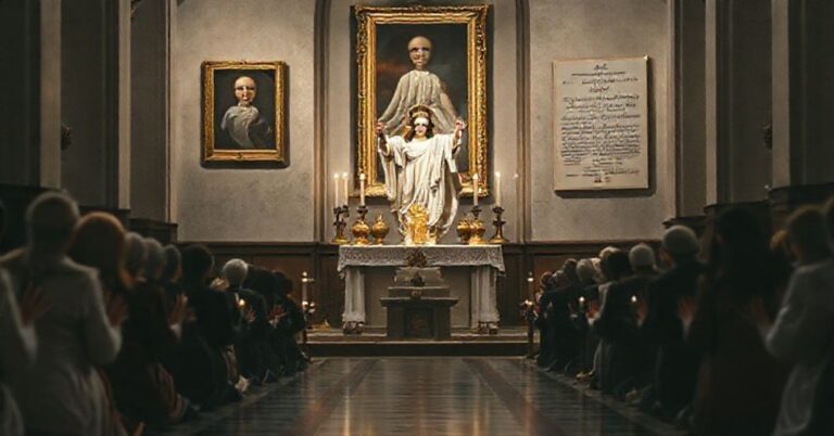 Kapelanka katolicka z rzeźbą Chrystusa Króla i modlącymi się wiernymi w tradycyjnych strojach.