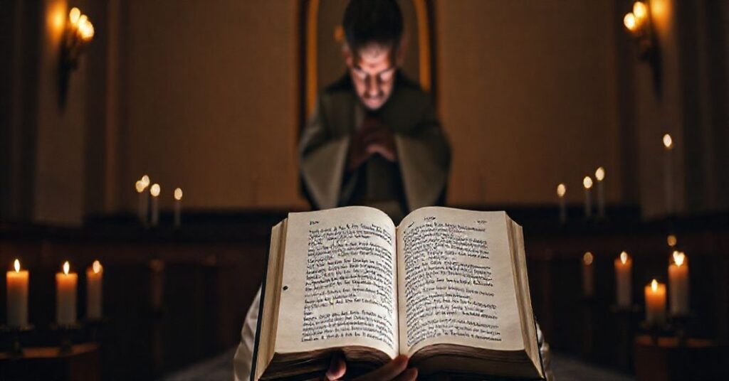 Kapelanka katolicka z otwartą Biblią, w której widoczny jest fragment Ewangelii Mateusza 27:25. Ksiądz w tradycyjnym ornacie modli się z pokorą, oświetlony delikatnym światłem. W tle widnieje cień symbolizujący destrukcyjny wpływ Julesa Isaaca.