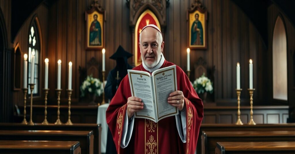 Kapelanka katolicka z ołtarzem i księdzem trzymającym Syllabus błędów Piusa IX na tle zagrożenia dla suwerenności Polski przez SAFE