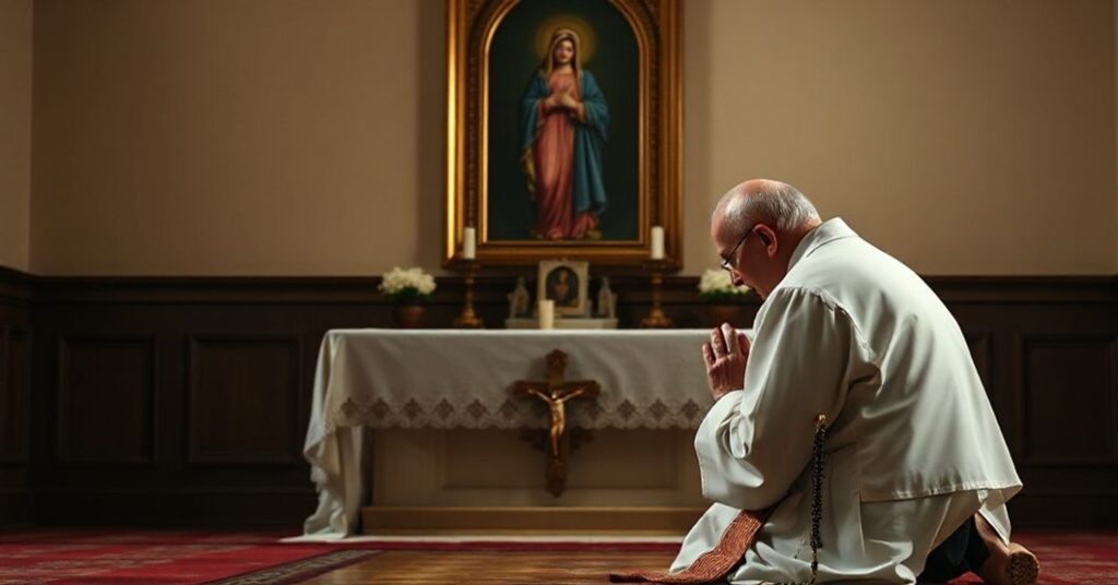 Kapelanka z tradycyjną dekoracją katolicką – ks. modlący się przed krzyżem i obrazem Matki Boskiej z Fatimy.