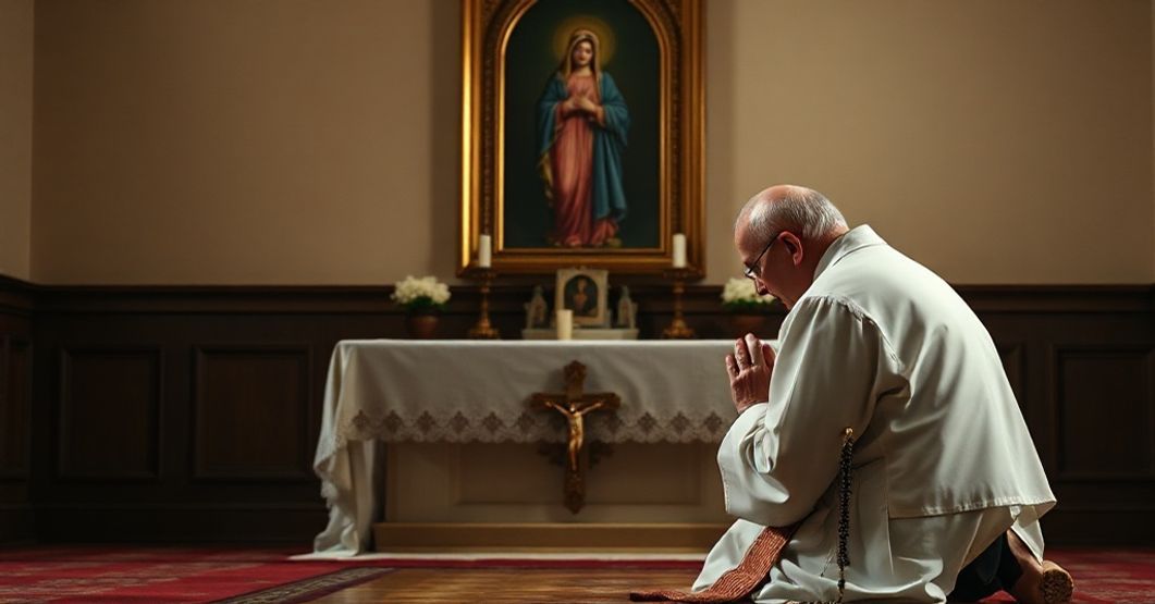 Kapelanka z tradycyjną dekoracją katolicką – ks. modlący się przed krzyżem i obrazem Matki Boskiej z Fatimy.