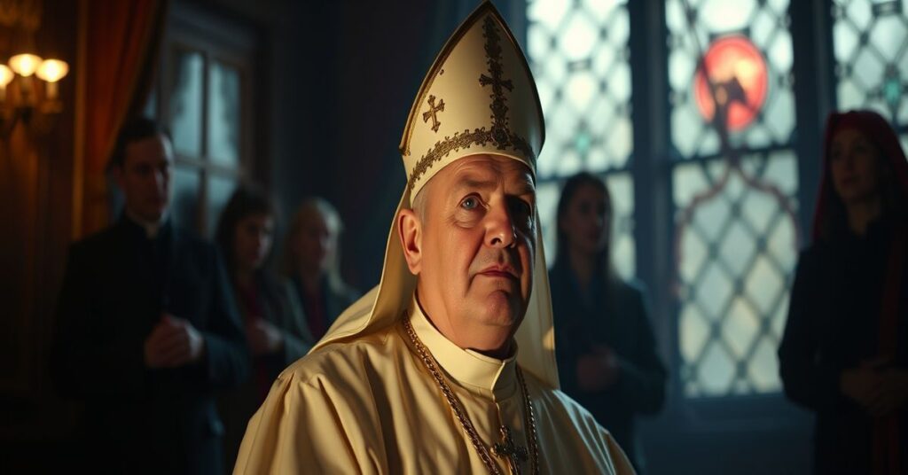 Kapelanka katolicka z krzyżem i świecami, symbolizująca prawdziwą modlitwę wobec iluzji kinowej ewangelizacji