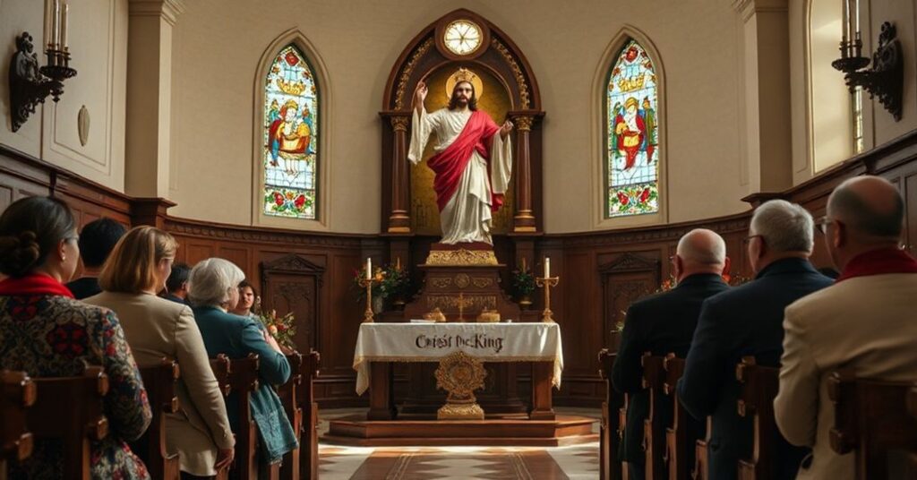 Kapelka katolicka z tradycyjnym ołtarzem i rzeźbą Chrystusa Króla, otoczona smutnymi uczestnikami konferencji o handlu ludźmi w Rzymie.