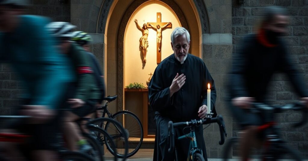 Kapelusz z krzyżem na tle grupy rowerzystów przejeżdżających obok w jasnym świetle dziennym