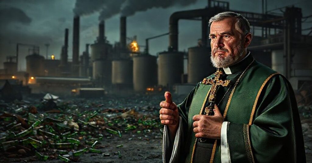 Obraz przedstawiający katolickiego księdza w habitach liturgicznych przed browarem Carlsberga i Żywiec, symbolizujący moralny upadek kapitalizmu i brak chrześcijańskich wartości w społeczeństwie.