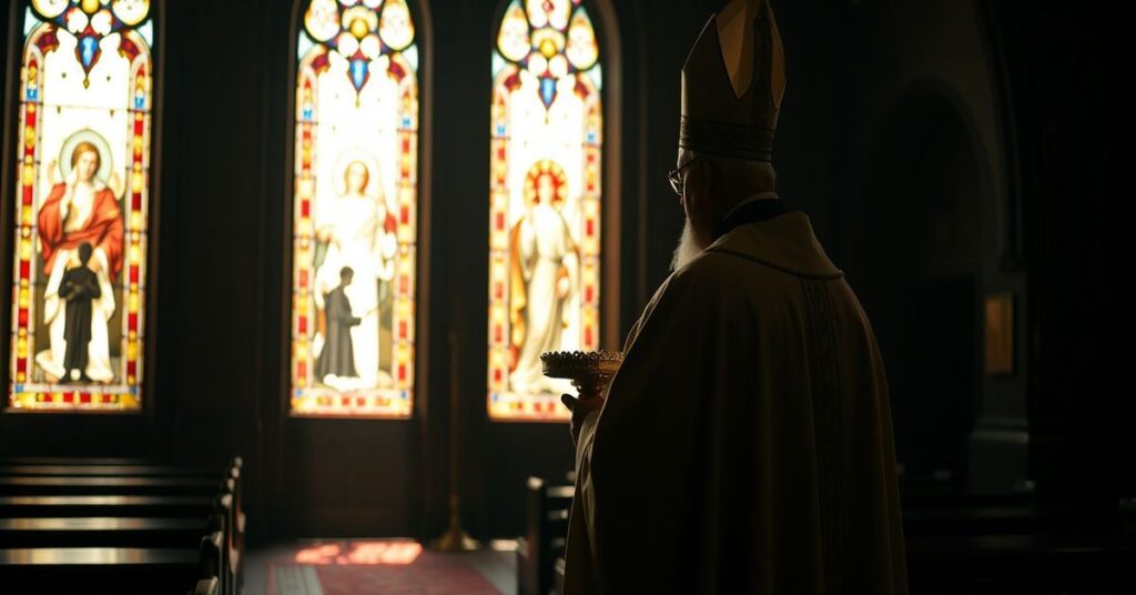 Ks. bishop w tradycyjnym habitach liturgicznych stoi w opuszczonym kościele podczas lockdownu z monstrancją z Najświętszym Sakramentem.