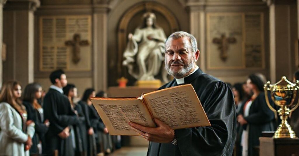 Wnętrze kaplicy katolickiego uniwersytetu z figurą Serca Jezusa i studentami w akademickich strojach