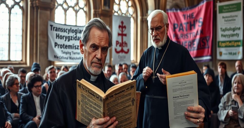 Zatroskany katolicki teolog trzyma brewiarz przed nowoczesnymi dokumentami modernistycznymi na forum PATH w Watykanie