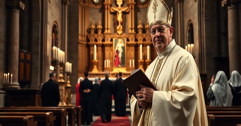 Tradycyjny katolicycki kapłan w pełnych szatach liturgicznych stoi przed ołtarzem katedry z krzyżem i świecami, symbolizujący niezmienność wiary katolickiej.