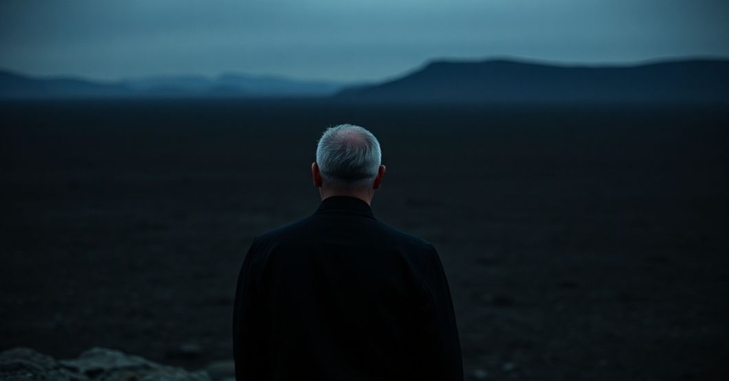 Modlitwa przed pustynnymi krajobrazami - Poezja Forresta Gandera Czarnobrody kapłan w tradycyjnych ornatach stoi przed pustynnymi krajobrazami, symbolizując pustość poezji Forresta Gandera. Scena podkreśla potrzebę boskiej łaski w świecie oddalonem od Boga.