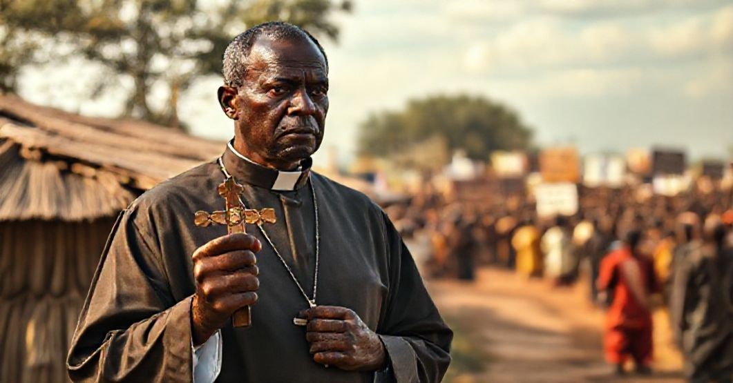 Kapłan katolicki w afrykańskiej wiosce trzymający krzyż podczas wyborów politycznych na Wybrzeżu Kości Słoniowej.