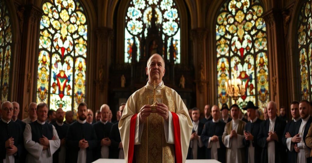 Tradycyjny katolicki kapłan w pełnym stroju liturgicznym stoi przy ołtarzu na Jasnej Górze z monkeycześcią.