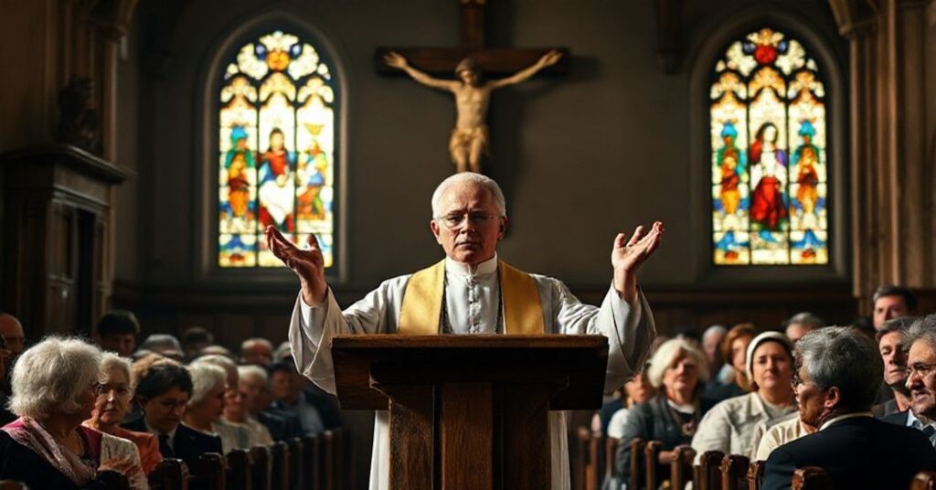 Kapłan w tradycyjnym ornaty przemawia z ambony w koście przed zaniepokojonymi wiernymi na tło rozporządzenia Unii Europejskiej o uznaniu "małżeństwa" homoseksualnego