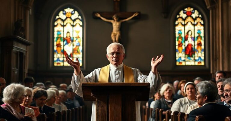 Kapłan w tradycyjnym ornaty przemawia z ambony w koście przed zaniepokojonymi wiernymi na tło rozporządzenia Unii Europejskiej o uznaniu "małżeństwa" homoseksualnego