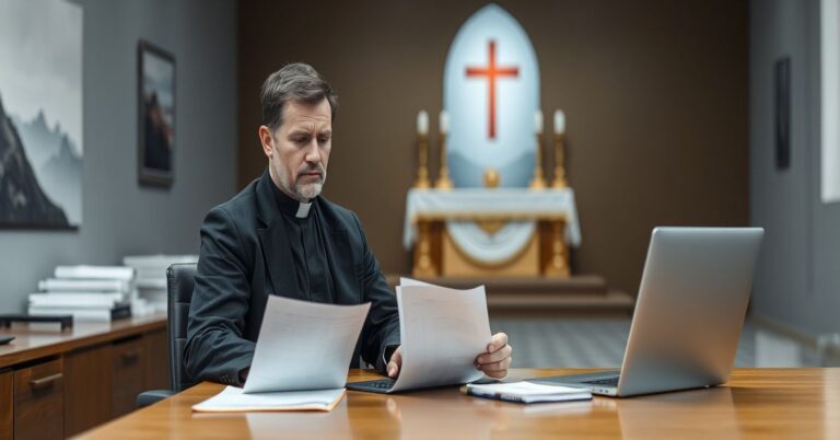 Mężczyzna w stroju kapłańskim pracujący w biurze z laptopem i dokumentami biznesowymi na stole. W tle nieostry obraz ołtarza kościelnego symbolizujący konflikt między karierą świecką a powołaniem kapłańskim. Scena jest ciemna i poważna, odzwierciedlająca tradycję katolicką.