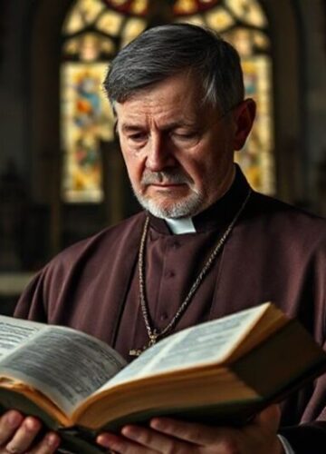 Kapłan medytuje nad Księgą Barucha w tradycyjnym kościele Tradycyjny kapłan katolicki w ornamentalnych szatach liturgicznych stoi przed starym ołtarzem, trzymając otwartą Biblię z Księgą Barucha w tle. Wyraz twarzy jest pełen smutku i refleksji.