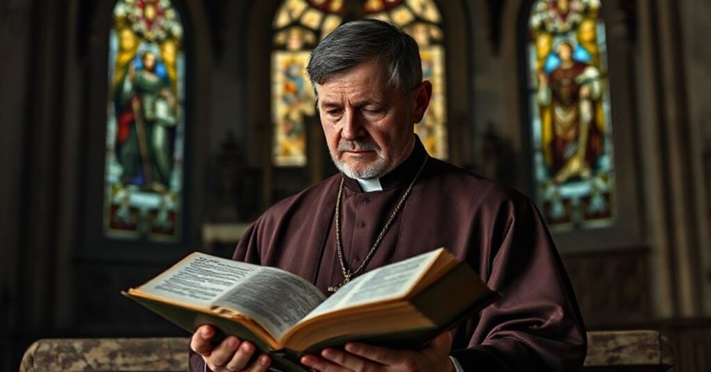 Tradycyjny kapłan katolicki w ornamentalnych szatach liturgicznych stoi przed starym ołtarzem, trzymając otwartą Biblię z Księgą Barucha w tle. Wyraz twarzy jest pełen smutku i refleksji.