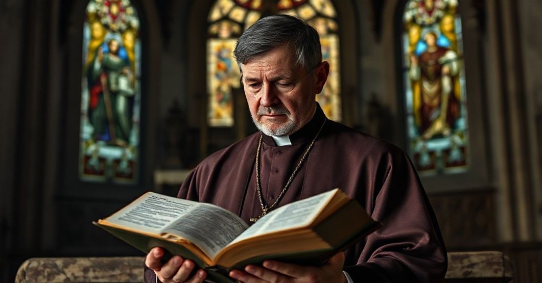 Tradycyjny kapłan katolicki w ornamentalnych szatach liturgicznych stoi przed starym ołtarzem, trzymając otwartą Biblię z Księgą Barucha w tle. Wyraz twarzy jest pełen smutku i refleksji.
