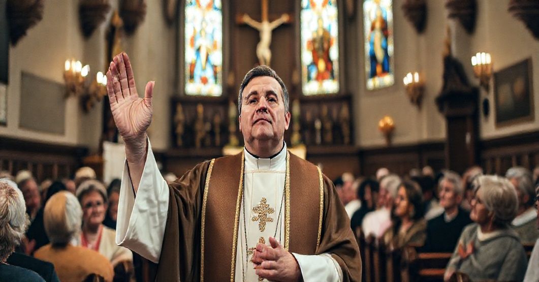 Klasyczny katolicki kapłan w tradycyjnych ornatach błogosławi grupę niesłyszących w kościele, symbolizując walkę o wiarę w czasach odrzucenia nauczania katolickiego.