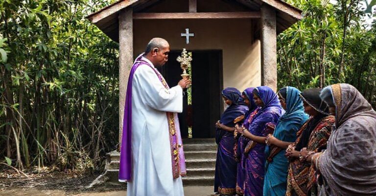 Tradycyjny kapłan katolicki w szatach liturgicznych błogosławi wdowy w Sundarbans. Scena pełna powagi i modlitwy.