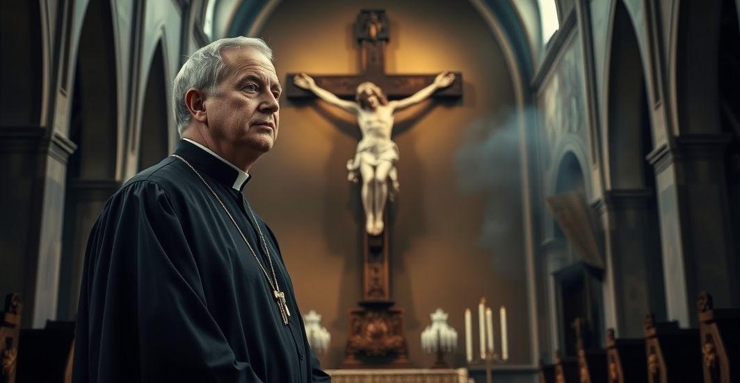 Kapłan katolicki w czarnej sutannie przed krucyfiksem w kościele, refleksja nad boskim sądem i pokutą w obliczu pożarów