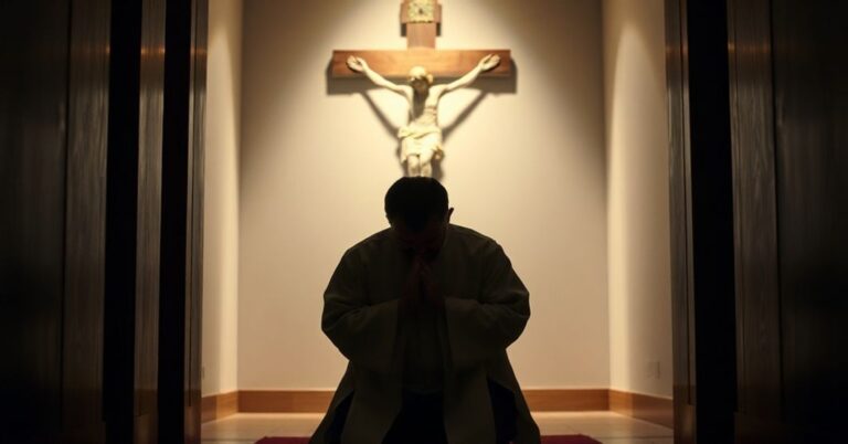 Kapłan w tradycyjnym ornacie modliący się w konfesjonału przed krzyżem, symbolizując sakralność tajemnicy spowiedzi.