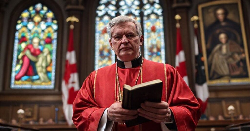 Traditionalny katolicki kapłan w ornacie przed kanadyjską izbą parlamentarną trzyma Bibilę podczas debaty o zniesieniu wyjątkłw religijnych w przepisach dotyczących mowy nienawiści