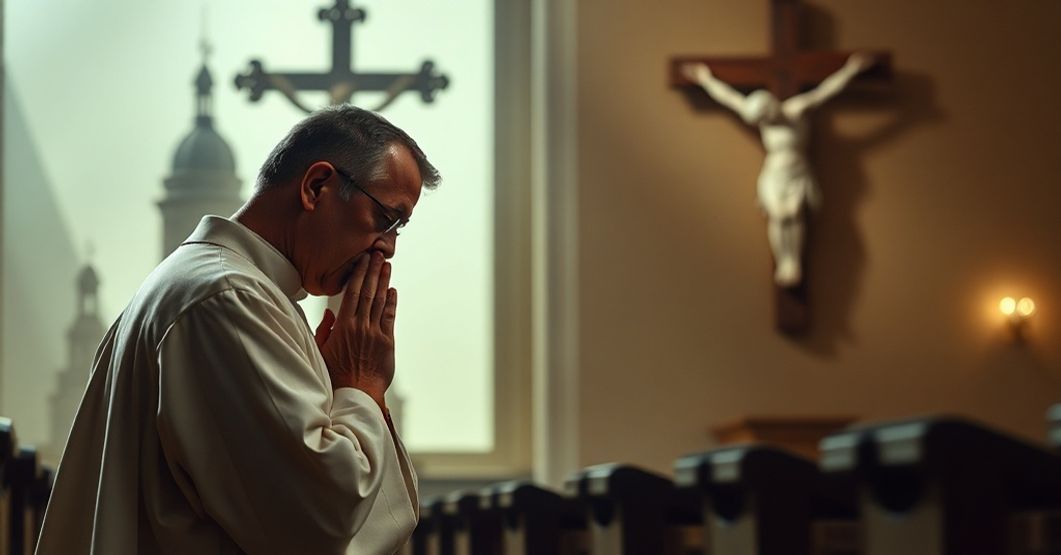 Kapłan w tradycyjnych ornatach modli się przed krzyżem w cichym koście podczas zagrożenia sakramentu spowiedzi przez państwo.