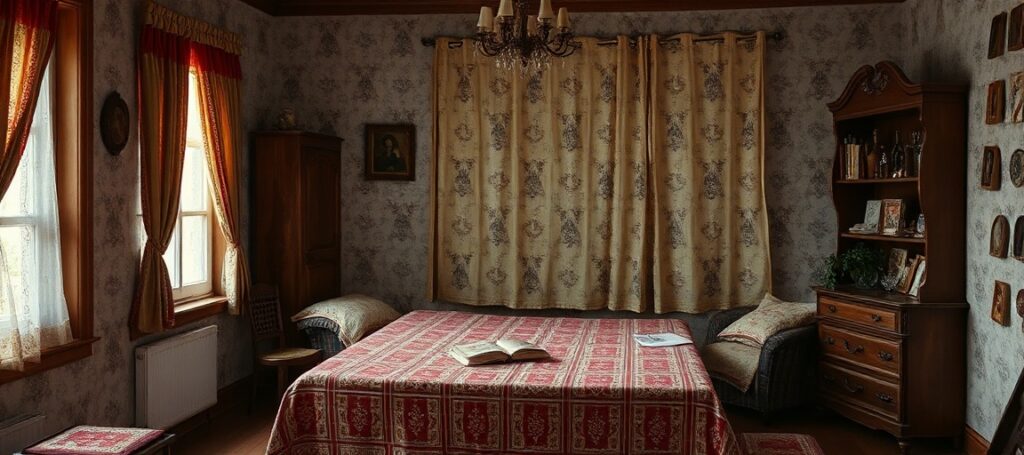 Stary kapłan w tradycyjnym habitach modli się w ciemnym pokoju pełnym symboli apostazji Kościoła