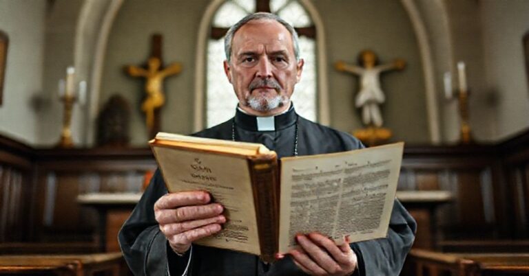 Tradycyjny kapłan katolicki trzymajac książę "Casti Connubii" w kaplicy