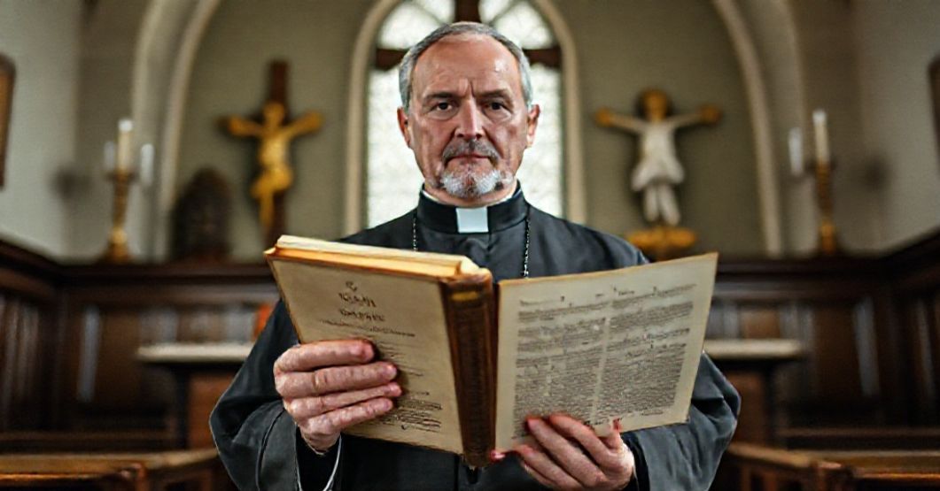 Tradycyjny kapłan katolicki trzymajac książę "Casti Connubii" w kaplicy