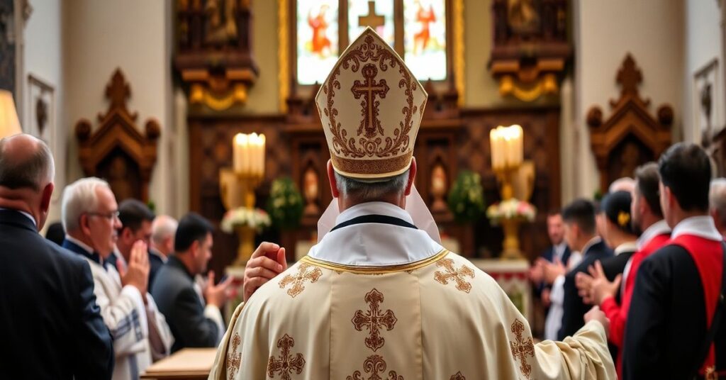 Tradycyjny katolicki kapłan modlący się przed obrazem Chrystusa Króla z katechizmem w ręku