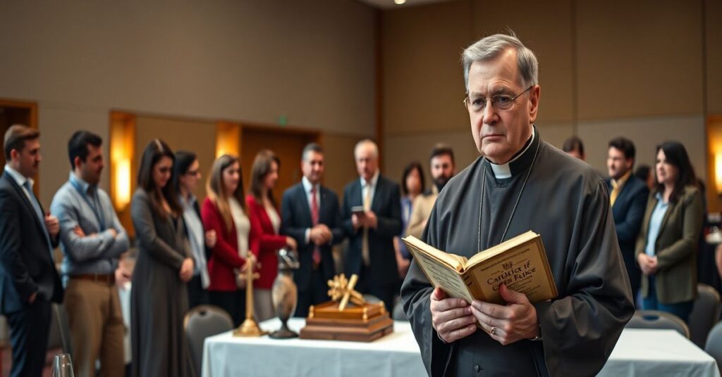 Tradycyjny kapłan w sutannie stoi przed ołtarzem w kontrastowym otoczeniu kongresu religijnej edukacji w Los Angeles.