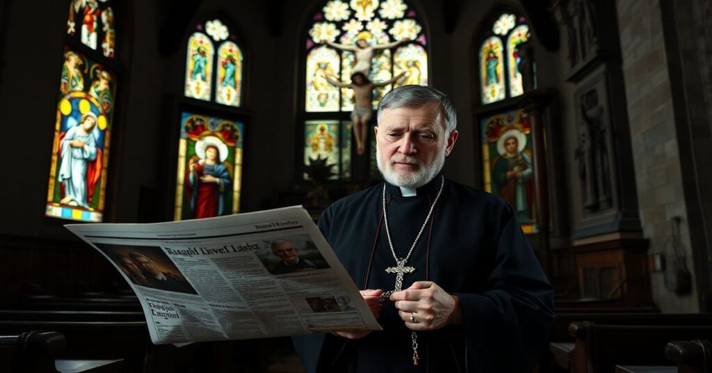 Tradycyjny kapłan katolicki w półcieniu kościoła z witrażami, trzymający różaniec i czytający wiadomości o deklaracji biskupa pelpińskiego Ryszarda Kasyny o modlitwie zmieniającej wyroki.