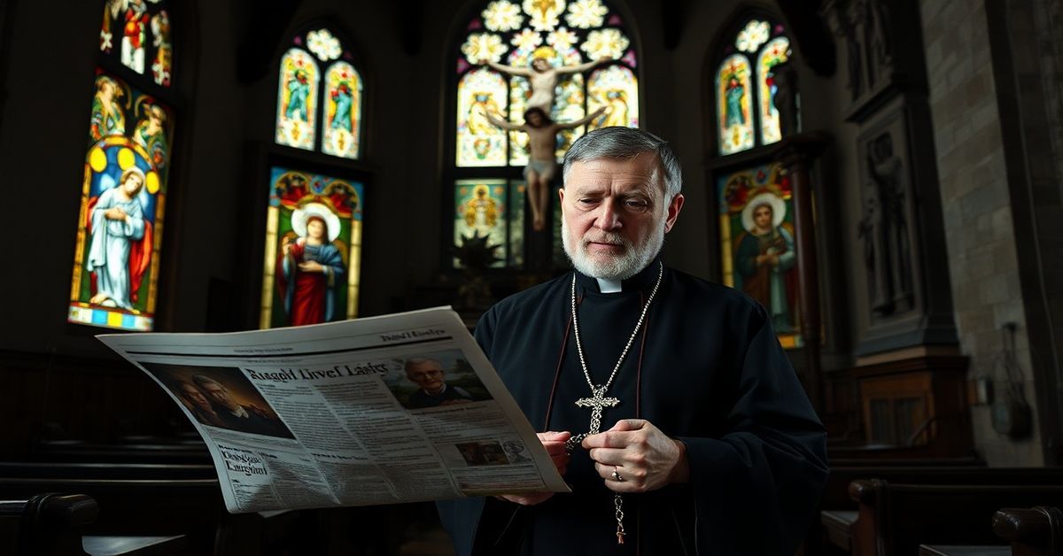 Tradycyjny kapłan katolicki w półcieniu kościoła z witrażami, trzymający różaniec i czytający wiadomości o deklaracji biskupa pelpińskiego Ryszarda Kasyny o modlitwie zmieniającej wyroki.