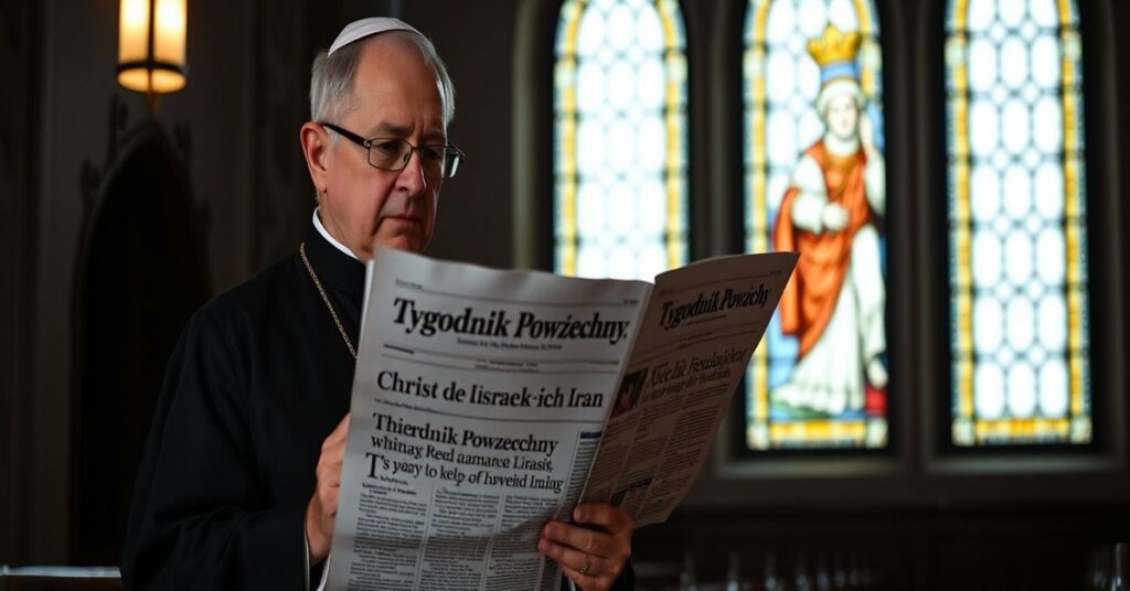 Kapłan w tradycyjnym ornacie czyta krytyczny artykuł o Tygodniku Powszechnym; w tle witraż z Chrystusem Królem
