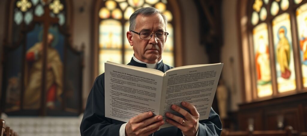 Kapłan w tradycyjnym habitacie trzymający Deklarację Wiary SSPX w kościele z witrażami