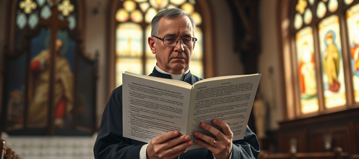 Kapłan w tradycyjnym habitacie trzymający Deklarację Wiary SSPX w kościele z witrażami