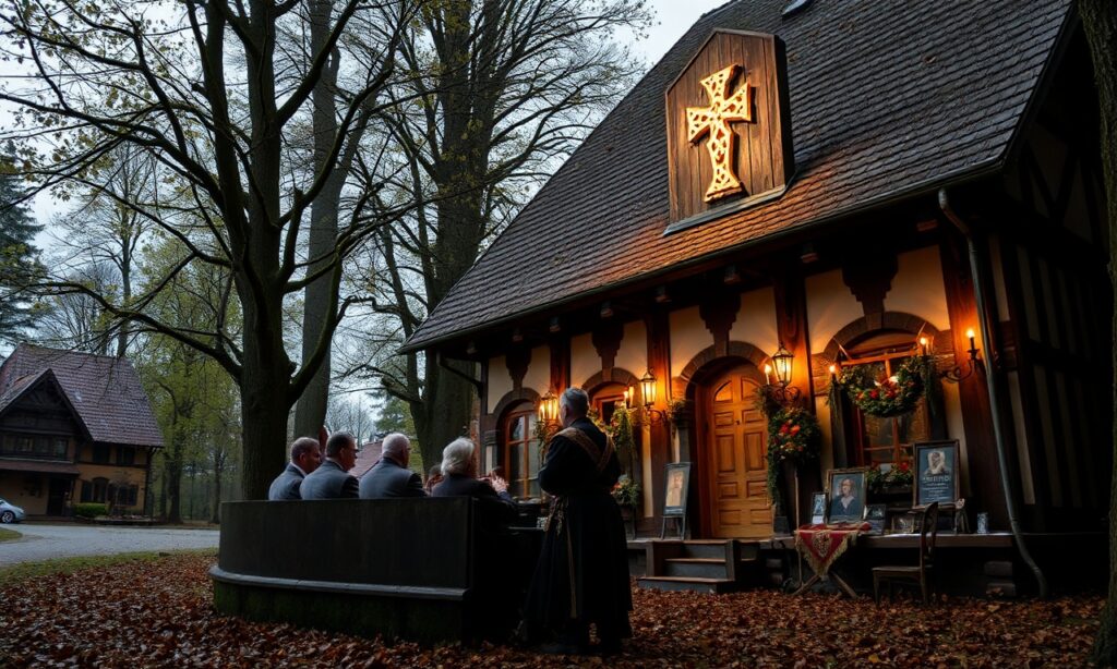 Katolicki kapłan przed bramą obozu Dachau, trzymający krzyż, symbolizujący męczeństwo duchownych i apostazję Kościoła posoborowego.