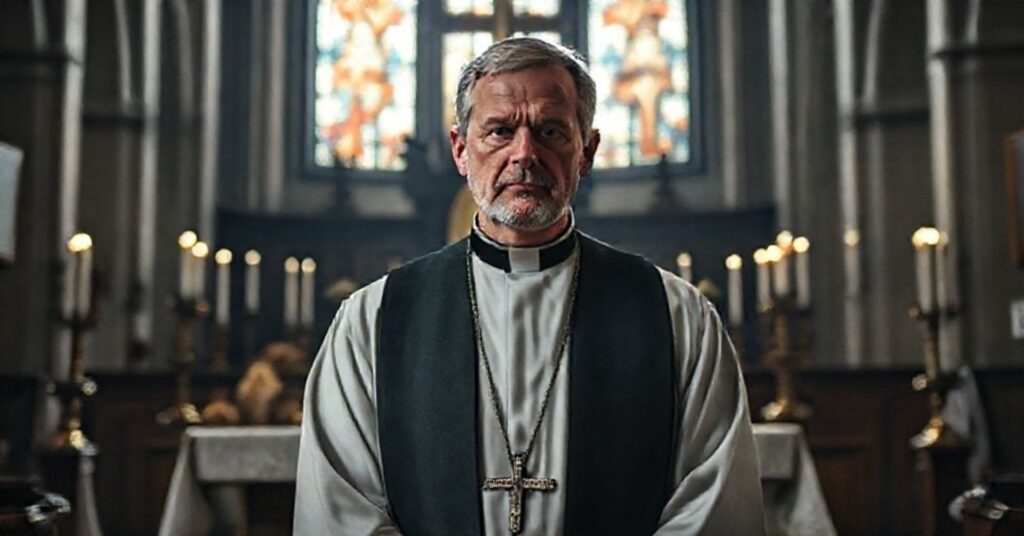 Kapłan David Nix stoi przed tradycyjnym ołtarzem w ciemnej katedrze, wyrażając głęboki smutek nad kryzysem w neo-Kościele.