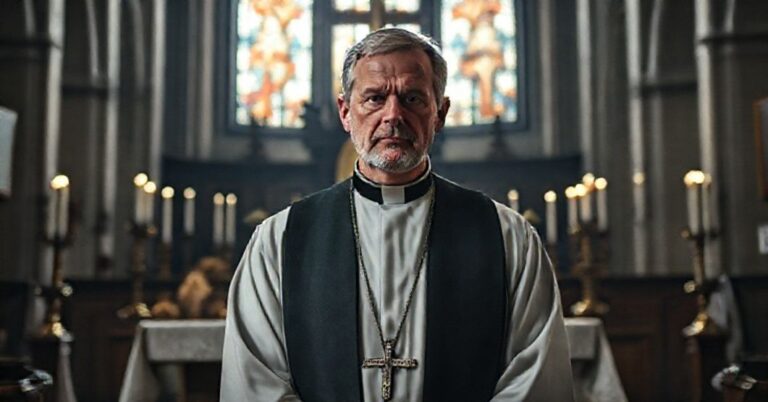 Kapłan David Nix stoi przed tradycyjnym ołtarzem w ciemnej katedrze, wyrażając głęboki smutek nad kryzysem w neo-Kościele.