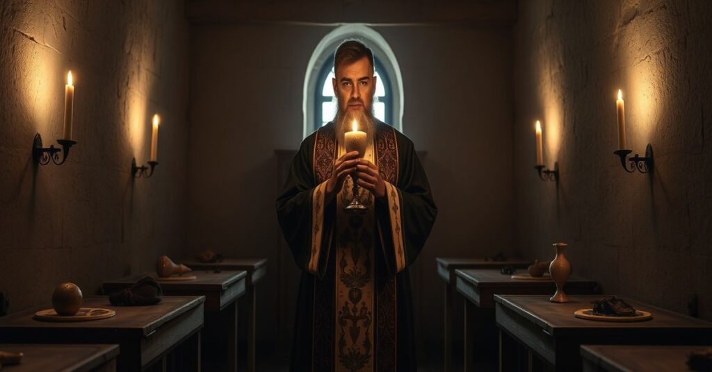 Tradycyjnie ubrany kapłan w ciemnym podziemnym kaplicy trzyma hostię w rękach.