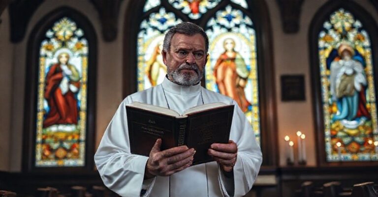 Poważny katolicki duchowny w tradycyjny sposób ubrany w kaplicy z witrażami przedstawiającymi Matkę Boską. Trzyma księgę z tytułami 'Współodkupicielka' i 'Pośredniczka Wszystkich Łask' z wyraźnym wyrazem twarzy przekonany o błędach teologicznych.